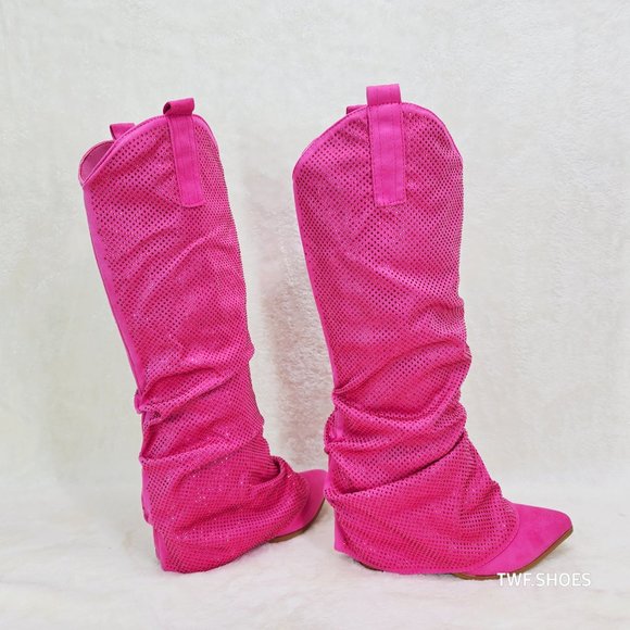 Country Twist Fuchsia Draped Rhinestone Fold Over Western Cowgirl Boots - Picture 4 of 13